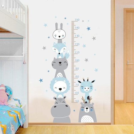 Lasten seinänpituusmittaritarra sininen l, vauvan kasvun pituuden seinäviivain, metsäeläimet hiiri pöllö orava puun korkeus -