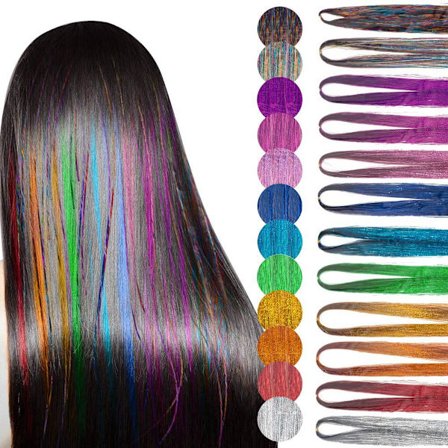 Tinsel hårstrå kit, 12 farver Tinser hår extensions tang