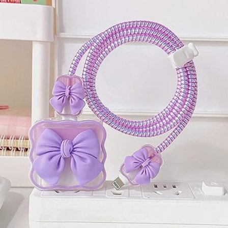 (Lila) Kabelsladd 18W/20W för iPhone-laddare, söt 3D-rosett kabelsladd laddare med spiralrep och ändskydd, DIY USB-kabelsladd