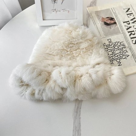 Vinterlue for kvinner, naturlig strikket kaninpels, varm og uten brem.