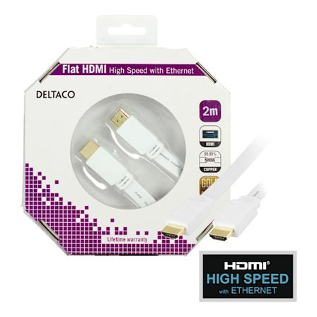 Flat HDMI cable, HDMI High Speed w/ Ethernet, 4K, 2m, white