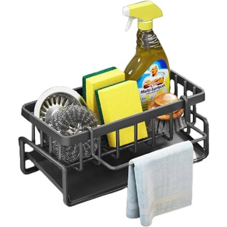 Rostfri diskbänksorganisatör i stål med svamphållare och bricka, diskbänksställ med avtagbar handdukstork, kökstillbehör