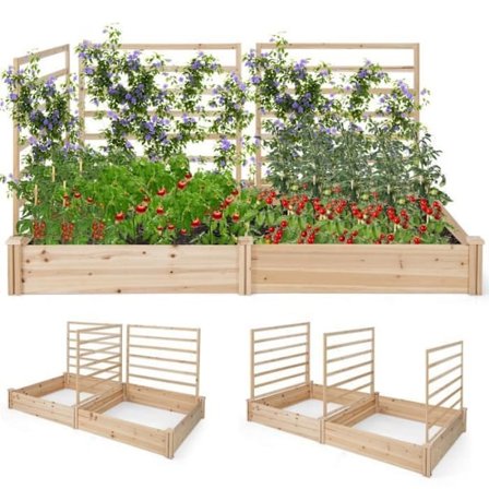 COSTWAY Kvadratisk Trædyrkningskasse i Fyr - 222x114x110CM - 3 Trellis, Åben Bund - Klatreplanter, Frugter, Blomster, Grøntsager