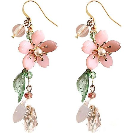 Pink Flower Dangle Øreringe til Kvinder Søde Perle Blad Sakura Blad Øreringe Fe Statement Sommer Forfriskende Seaside Idylliske Ferie Øreringe