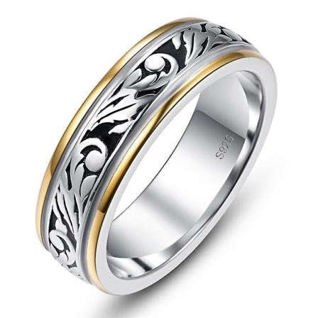 925 Sterling Silver Retro Carving 6 mm Tvåfärgad Rhodiumpläterad & Guldpläterad Bröllopssmycken för män 10