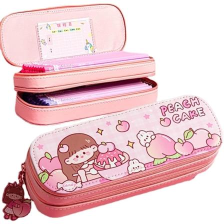 Söpö pupu vaaleanpunainen kynäpussi, kynänjärjestäjä, Kawaii-sarjakuvakynäkotelo kynälaukku lompakko