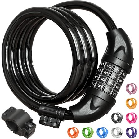 Cykelås, 4-fods kabellås, 1/2-tommers nulstillingsbar kombinationscykellås med monteringsbeslag, sort