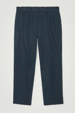 COS Men's Pleated Cotton Tapered Trousers in Blue