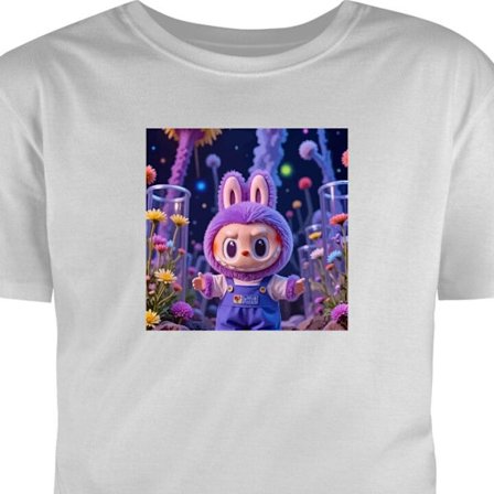 Børne T-shirt Labubu figur - Lilla kaninkostume blandt blomster i en fantasiverden