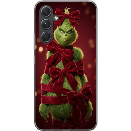 Kompatibelt Mobildeksel til Samsung Galaxy S24 Grinchen figur dekorert med røde fløyelsbånd i en festlig studioinnstilling med leken og humoristisk fø