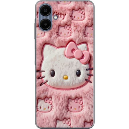 Kompatibelt Mobildeksel til Samsung Galaxy A06 Hello Kitty rosa fluffy bakgrunn med ikoniskt ansikt og kawaii-estetikk