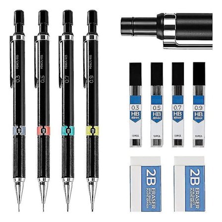 Mekaaninen lyijykynäsarja 0,3 0,5 0,7 0,9 mm, automaattinen lyijykynä, 4 kpl pyyhekumilla ja lyijytäyttöpakkauksilla F