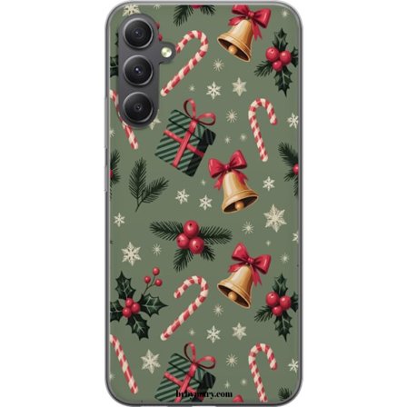 Samsung Galaxy S23 FE Gjennomsiktig deksel Julmotiv med godteripinner, klokker, pakker og snøflak festlig mønsterdesign perfekt for julestemning hø