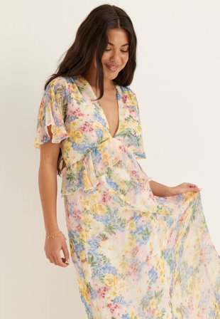 Bubbleroom Occasion - Butterfly Sleeve Chiffon Ankle Dress - Floral/Patterned