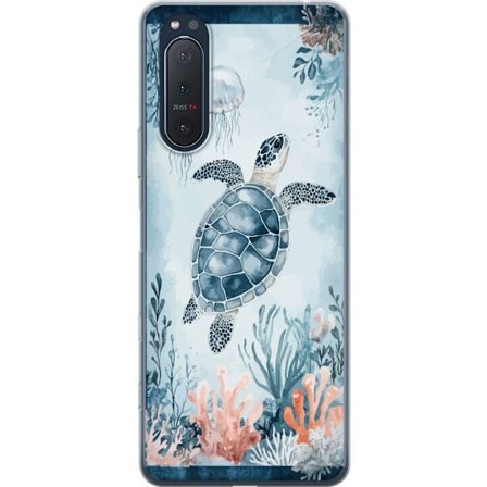 Kompatibelt Mobildeksel til Sony Xperia 5 II Akvarellmaleri av en havskilpadde blant koraller og maneter i et fredelig blått undervannsverden