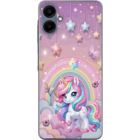 Kompatibel Mobilcover til Samsung Galaxy A06 Magisk enhjørning med regnbue manke, stjerner og sommerfugle mod en pastelfarvet himmel med skyer