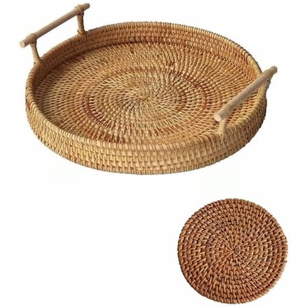 Håndlavet dekorativ bakke til sofabord, flettet serveringsbakke med håndtag, kurv af rattan til stue