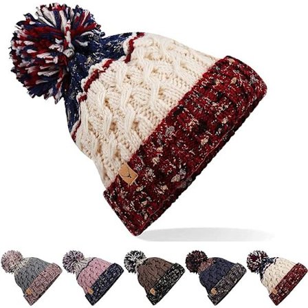 Vinter Bobble Hat Beanie Hat Kabelstrikket Hat med Termisk Hat Kvinder Farverige Bobble Pom Pom Hatte til Damer Udendørs Sport Ski UK