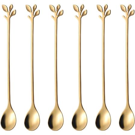 Sett med 6, 16 cm elegante bladformede gullkaffe- og teskjeer - Lange håndtak i rustfritt stål for omrøring av espresso,