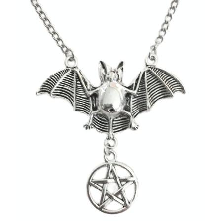 Halsband Pentagram Fladdermus Bat Halloween Wicca Pagan Silver