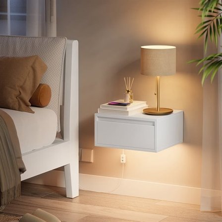 Veggmontert nattbord 35 x 40 x 18 cm med LED-belysning og skuff