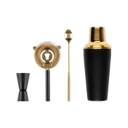 Cocktailset i 4 delar med shaker och bartillbehör - svart/guld