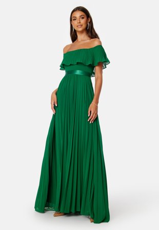 Goddiva Pleated Chiffon Off Shoulder Maxi Dress Green Klær