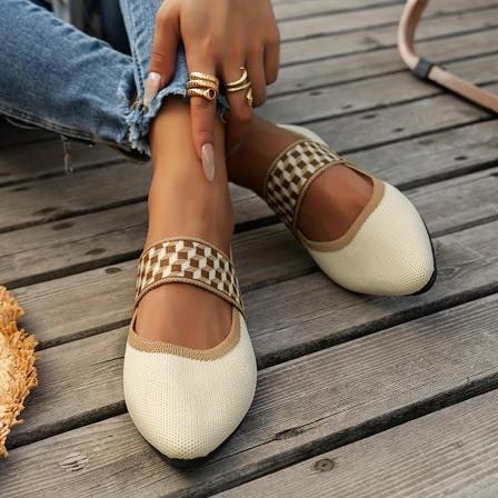 Platte spisse tå sko for kvinner, Casual myk såle Slip On strikkede sko, Fashion Daily ballett flats beige farge CN43(EU42)