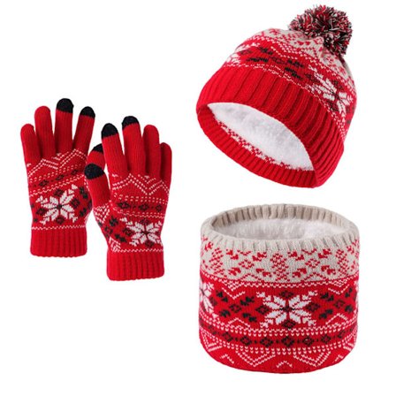 Varmstrikket snefnughue, tørklæde og handskersæt til børn - Fleeceforet, 3-delt vinterudstyr