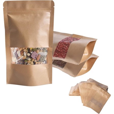 Kraftpapirpose med vindue 100 stk, Kraft tepose med lynlås