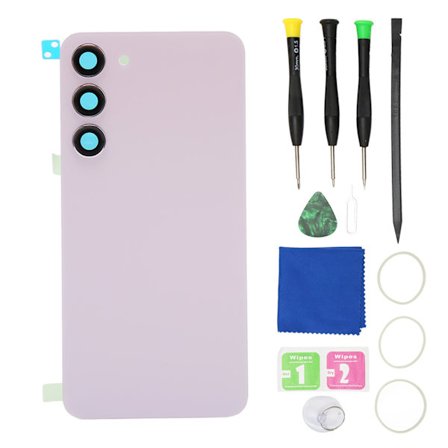 Bakre glass erstatningssett med kameralinse og forhåndsinstallert tape bakre glasshusdeksel for Samsung Galaxy S23 Plus rosa