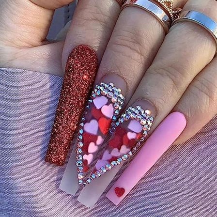 Valentins Press-on Naglar Långa Kista Naglar Röd Rosa Hjärta Fullt Täckande Falska Naglar