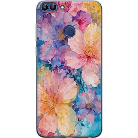 Yhteensopiva Puhelinkuori Huawei Huawei P smart Vesivärimaalaus suurilla kukilla vaaleanpunaisissa, sinisissä ja keltaisissa sävyissä pehmeässä