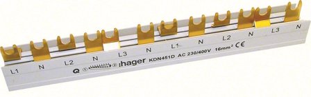 Hager KDN451D Faseskinne 4-polet, 10 kV, gaffel 12 moduler/210 mm, Elfordeling & strømforsyning