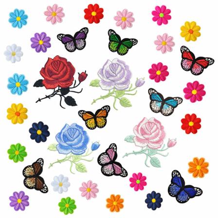 36 stk. blomsterbroderi stryge-på-patch, sommerfugl broderi klistermærke stryge-på-patches sy-på-patch-klistermærker til tøj, rygsække, jeans, hatte,