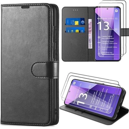 Coque + 2 Tåliga Glas - för Xiaomi Redmi Note 13 Pro+ 5G - Lädereffekt - Kortfack - Svart