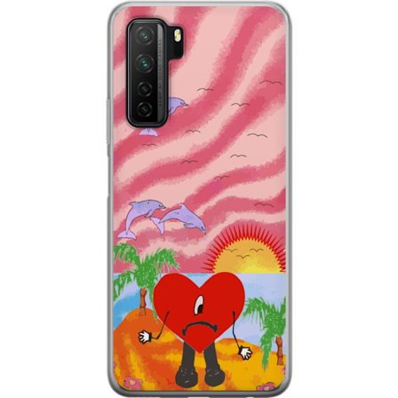 Kompatibelt Mobildeksel til Huawei P40 lite 5G Bad Bunny i en fargerik quiltet jakke med hjertemønster og solbriller i moderne gatestil