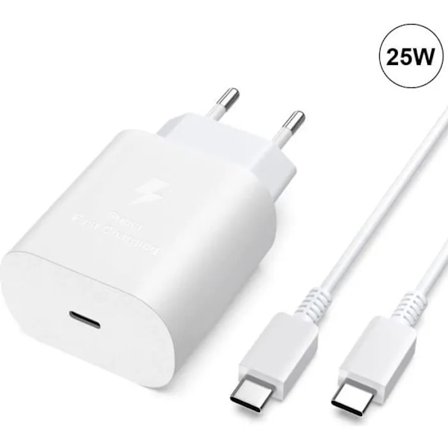 Lader USB-C 25W + USB-C til USB-C kabel 1M Hvit for Samsung Galaxy A36 A56 A32 4G-5G A31 A30