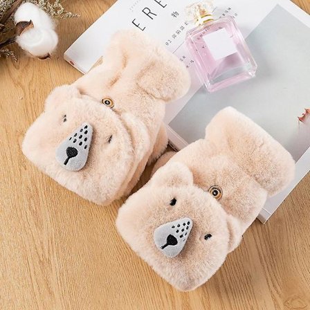 Plysj Bjørnepels Strikkede Hansker Hånd Flip Halv Finger Kjørehansker Vinter Myke Varme Tykke Hansker Jenter