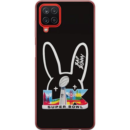 Kompatibelt Mobildeksel til Samsung Galaxy A12 Bad Bunny portrett med åpen skjorte, tatoveringer og krøllete hår i stilfull motefotografering