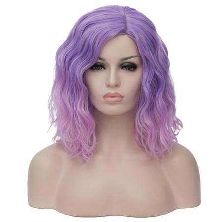 Naisten ja tyttöjen lyhyt kihara bob-hius, aaltoileva ombre-vaaleanpunainen peruukki, body wave -tyyli, päivittäiseen käyttöön (vaaleanvioletti-
