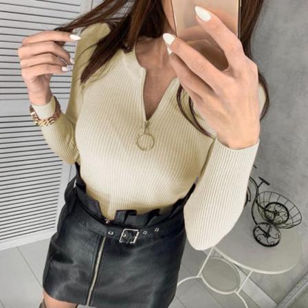 Ribbstickad Dragkedja För Damer Enfärgad Långärmad Tröja