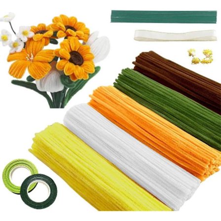 Ett sett med 500 piperensere i chenille for DIY-solsikker – i 5 farger – pluss 2 ruller tape og 20 blomsterstilker.