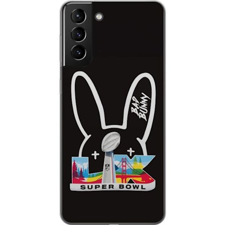 Kompatibelt Mobildeksel til Samsung Galaxy S21+ 5G Bad Bunny portrett med åpen skjorte, tatoveringer og krøllete hår i stilfull motefotografering