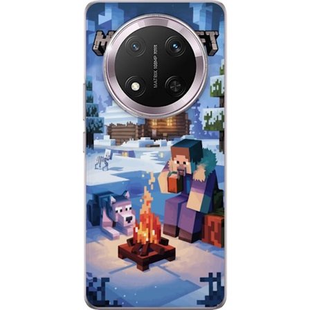 Kompatibelt Mobilskal till Honor Honor Magic7 Lite Minecraft vintermotiv med Steve, varg, lägereld och snöig stuga spelinspirerad illustration perfe
