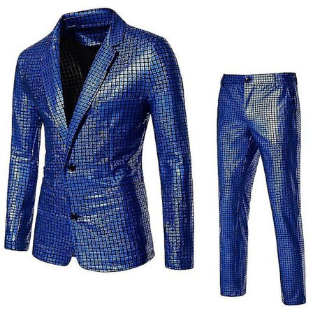 Herre Todelt Disco Sæt Skinnende Jakke og Bukser Metalliske Pailletdragter - WELLNGS