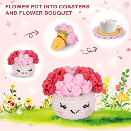 Pakke (6 stk. + 1 plantepotte), Heklede ferdige blomsterbrikker i en plantepotte, Dekorative varmeisolasjonsmatter, kaffe-/drikke-/vannkoppbrikker