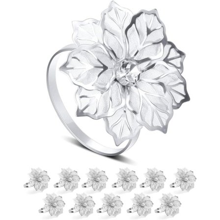 Sett med 12 sølvfargede blomsterformede serviettringer med krystallrhinsteiner for bryllup, dåp, festbanketter, delikate serviettringer