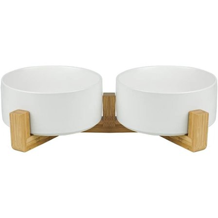 Valkoinen lemmikkikoiran ja kissan kulhot keraamiset koira- ja kissakulhot bambuteline -