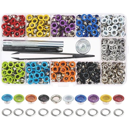 Flerfärgade öljetter kit 400 set 3/16 tum, metallhål med 4 stycken installationsverktyg för hantverk, reparation och dekoration.